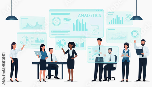 Business team analyzing data and charts together