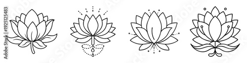 Four different lotus flower designs, minimalist black and white line art
