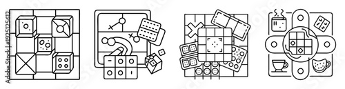 Black and White Graphic Collection of Game Boards and Play Pieces
