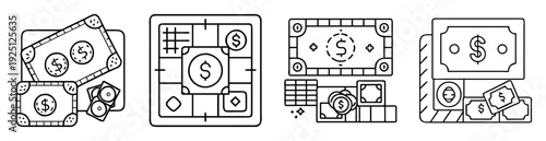Stylized line art representing money, board games, and financial concepts