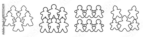 A collection of stylized human figures arranged in different group formations in black and white