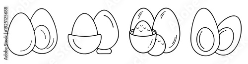 Various depictions of eggs, whole, cracked, and halved, shown in line drawings