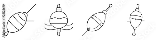 Four whimsical, black and white, line art drawings of vintage fishing floats