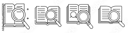 line art collection of open books with magnifying glasses for research