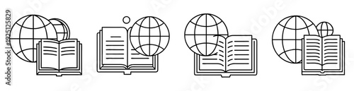 Global Learning, Knowledge and Education Symbol Featuring Globes and Open Books, Outline Style