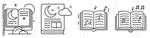 Line art icons of books with moon, cloud, stars, and music notes