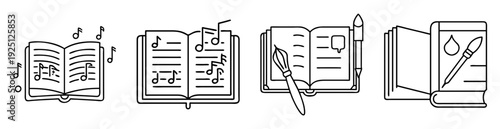 Line art illustration showcasing books related to music and the arts