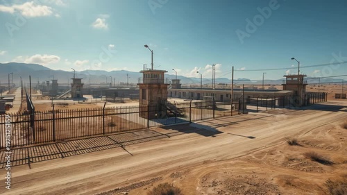 Desert prison complex with guard towers and perimeter fence under clear sky