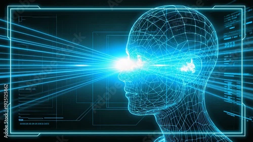 Wireframe human head with blue laser beams projecting from eyes inside digital frame