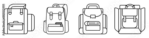 Line art illustration of four different backpacks designs in a row
