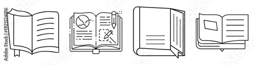 Detailed vector line art illustration of four different books with bookmarks