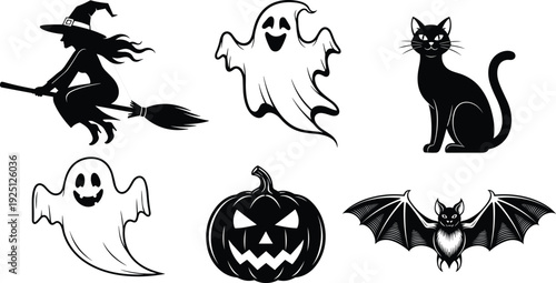 Halloween characters set witch ghost black cat pumpkin and bat spooky vintage vector illustration for holiday decoration design
