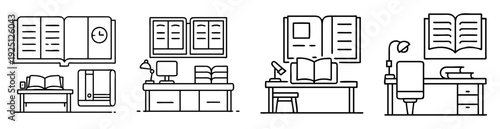 Black and white linear drawing of studying and reading environments