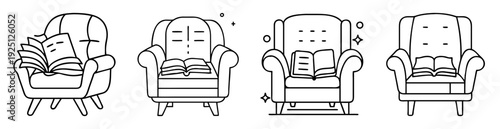 Stylized line art depiction of four armchair reading nooks