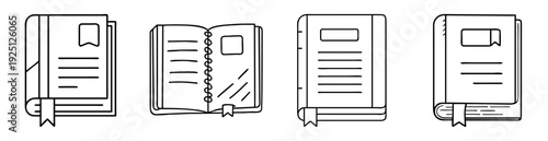 Collection of outline style books of various shapes and sizes with bookmarks