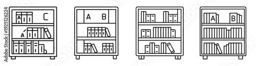 Line art illustration showing four bookcases with books and alphabetical markings