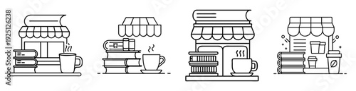Black and white line art illustrations of bookstores with coffee cups