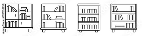 Four outlined bookcases with books and objects on multiple shelves