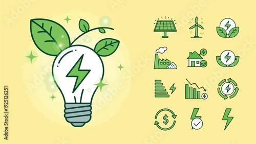 Illustrated icons representing sustainable development and eco-friendly initiatives