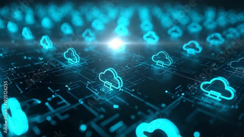 Glowing cloud icons over digital circuit board with blue light and network grid