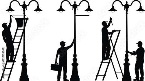 Silhouettes of workers repairing street lamps with ladders and tools, maintenance service concept vector illustration isolated on white background