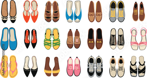 Top view shoes collection, various men and women footwear styles, colorful flat vector illustration isolated on white background