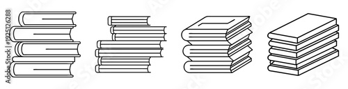 Four stylized stacks of books in black and white line drawing