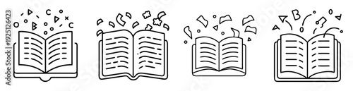 Four stylized open books with abstract elements emanating from their pages