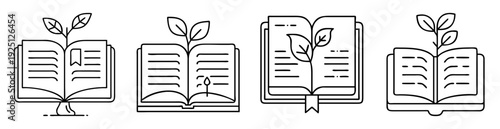 Four minimalist line art illustrations of open books with growing plants