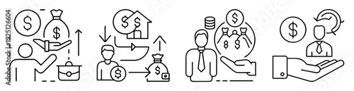 Various illustrations demonstrating financial concepts with money, investments, and transactions