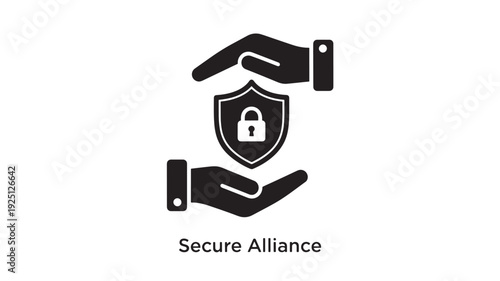 A  graphic of two hands holding a shield with a lock, symbolizing secure alliance and protection, with a clean white background.