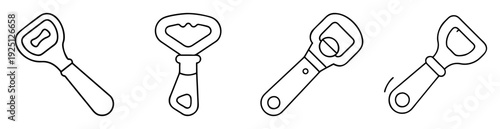 Four bottle openers in black line art style, vector illustration