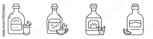 Outlined graphics of bottles of alcoholic beverages paired with mixers and fruit