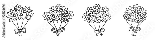 Black and white illustration of four flower bouquets with ribbons