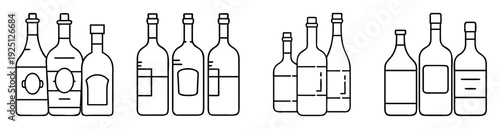 Illustration of Various Wine Bottles in Different Shapes and Sizes in Outline