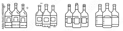 Stylized outline illustration of wine bottles with varying label designs