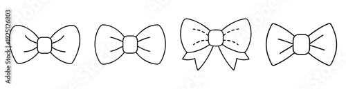 Stylized black and white illustration depicting four diverse bow tie designs