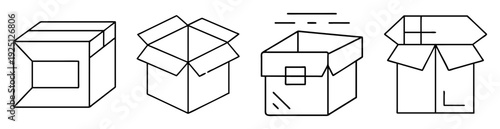 Line art drawing showcasing four distinct types of cardboard boxes