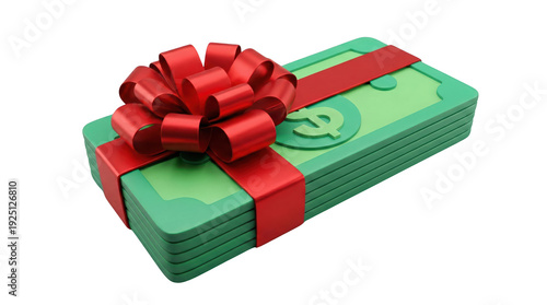 Money stack gift red ribbon bow financial bonus prize, isolated background