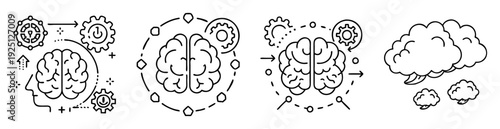 Illustrations showing brain processing, cognitive functions, machine learning, and idea generation concept