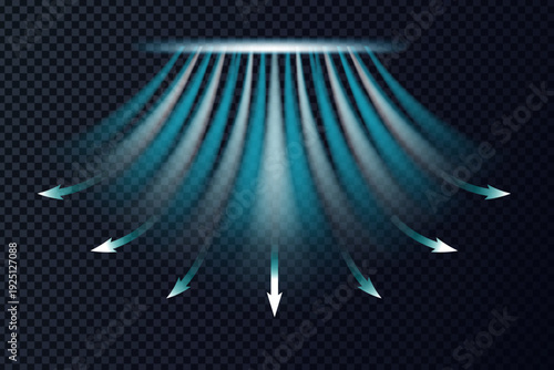 Abstract airflow arrows with wind flow effect. Blue cool air and hot heat streams for conditioner concept, light dynamic motion. Vector illustration.