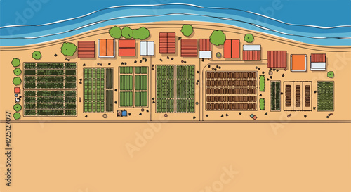 Aerial view of a coastal village with houses, farms, and the sea, illustrating community and rural life.