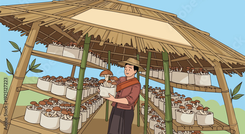 Traditional mushroom cultivation farm with a farmer harvesting fresh edible fungi in a bamboo structure, representing sustainable agriculture.