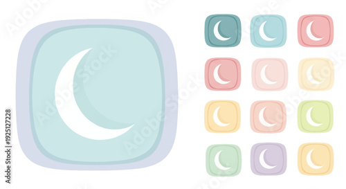 A graphic illustration of a large crescent moon symbol on a square background with a collection of smaller colored crescent icons in a grid, against a clean white background.