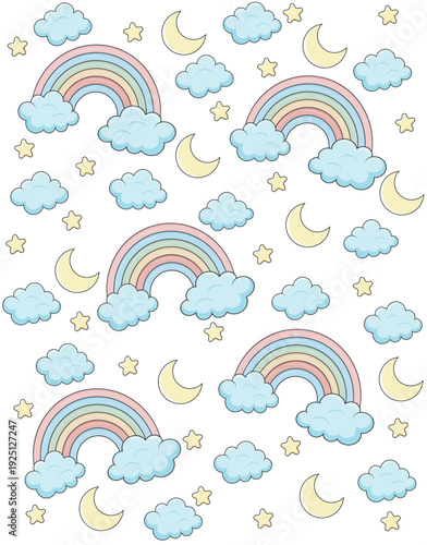 Cute rainbows and clouds nursery background