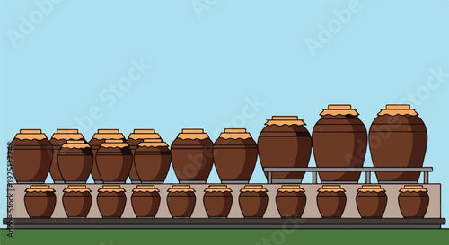 Collection of traditional clay pots and jars arranged in rows on shelves against a clear blue sky