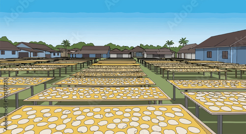 Vector illustration: Traditional outdoor sun-drying of kerupuk or crackers on numerous tables in a rural village. Showcasing food processing and local methods.