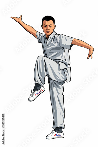Young man practicing traditional wushu martial arts in balance pose
