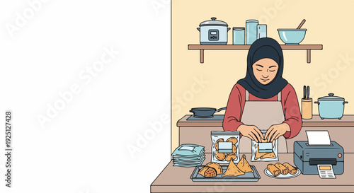 Muslim Woman Entrepreneur Packaging Homemade Food for Online Delivery Business from Her Kitchen Counter with Printer and Snacks