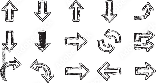 Sketchy arrow set with pen, crayon and chalk effects. Hand drawn style with brush and pencil strokes. Flat vector illustration isolated on white. Distressed rough texture